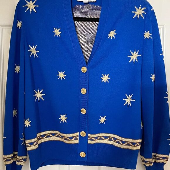 St. John Santana Knit Royal Blue Gold Embroidered Sweater Blazer Cardigan Sz M - Picture 6 of 7